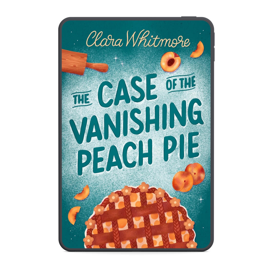 The Case Of The Vanishing Peach Pie - Book Cover: A cozy, hand-drawn cover for a story set in a charming village. The inhabitants must solve the mystery of their missing peach pie...